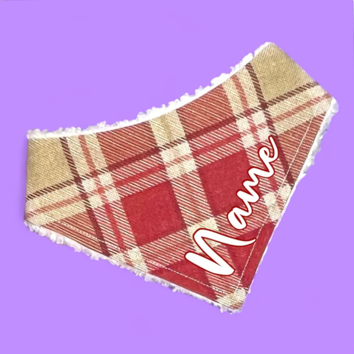 Cranberry Tartan Personalised Sherpa Backed Dog Bandana Snap on or Over Collar Style