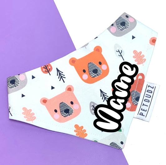 Bear Personalised Dog Bandana Snap on or Over Collar