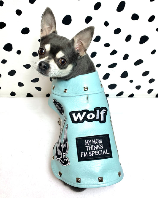 Blue Custom Patch Faux Leather Dog Jacket Vest Coat