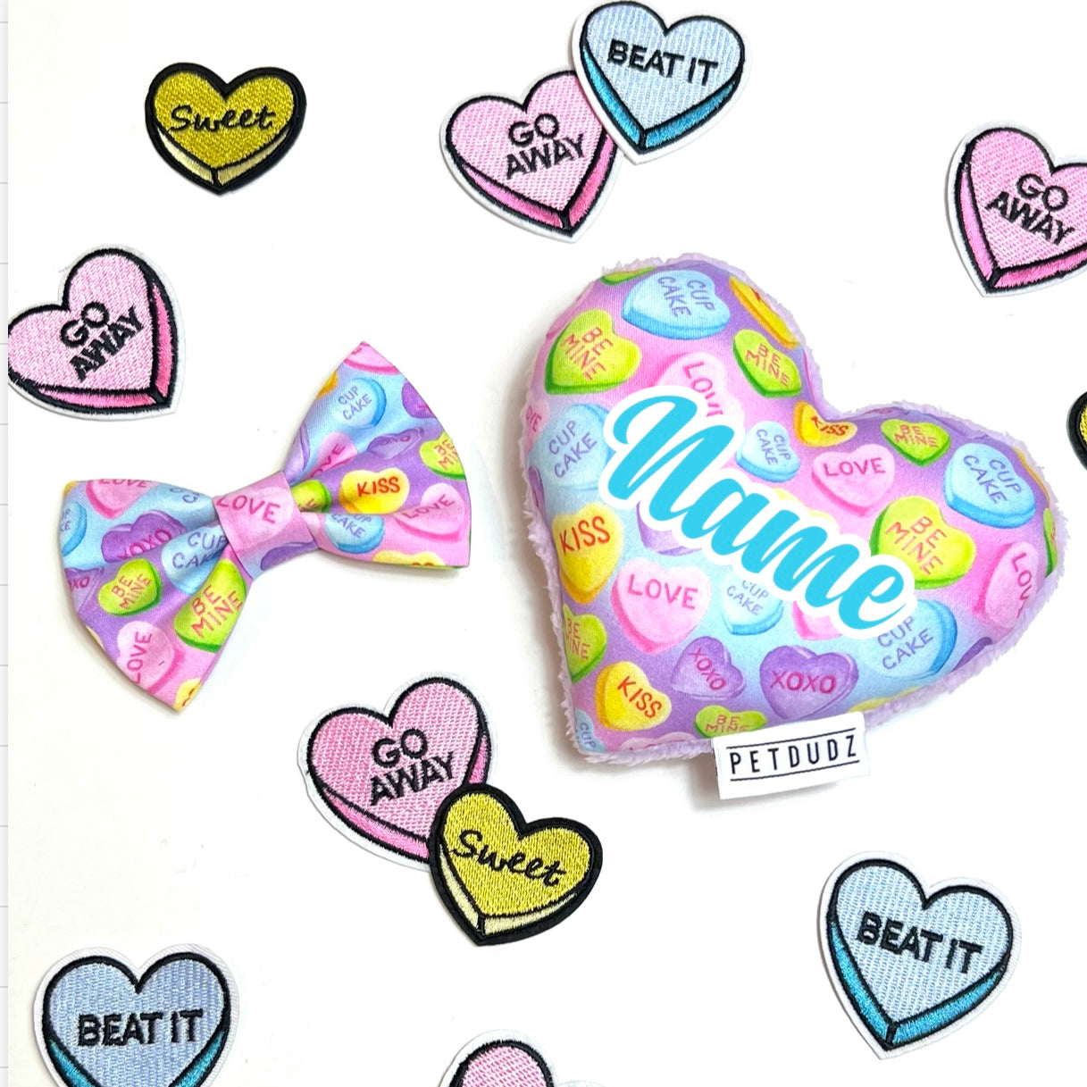 Love Hearts Retro Dog Bow Tie and Matching Personalised Dog Toy